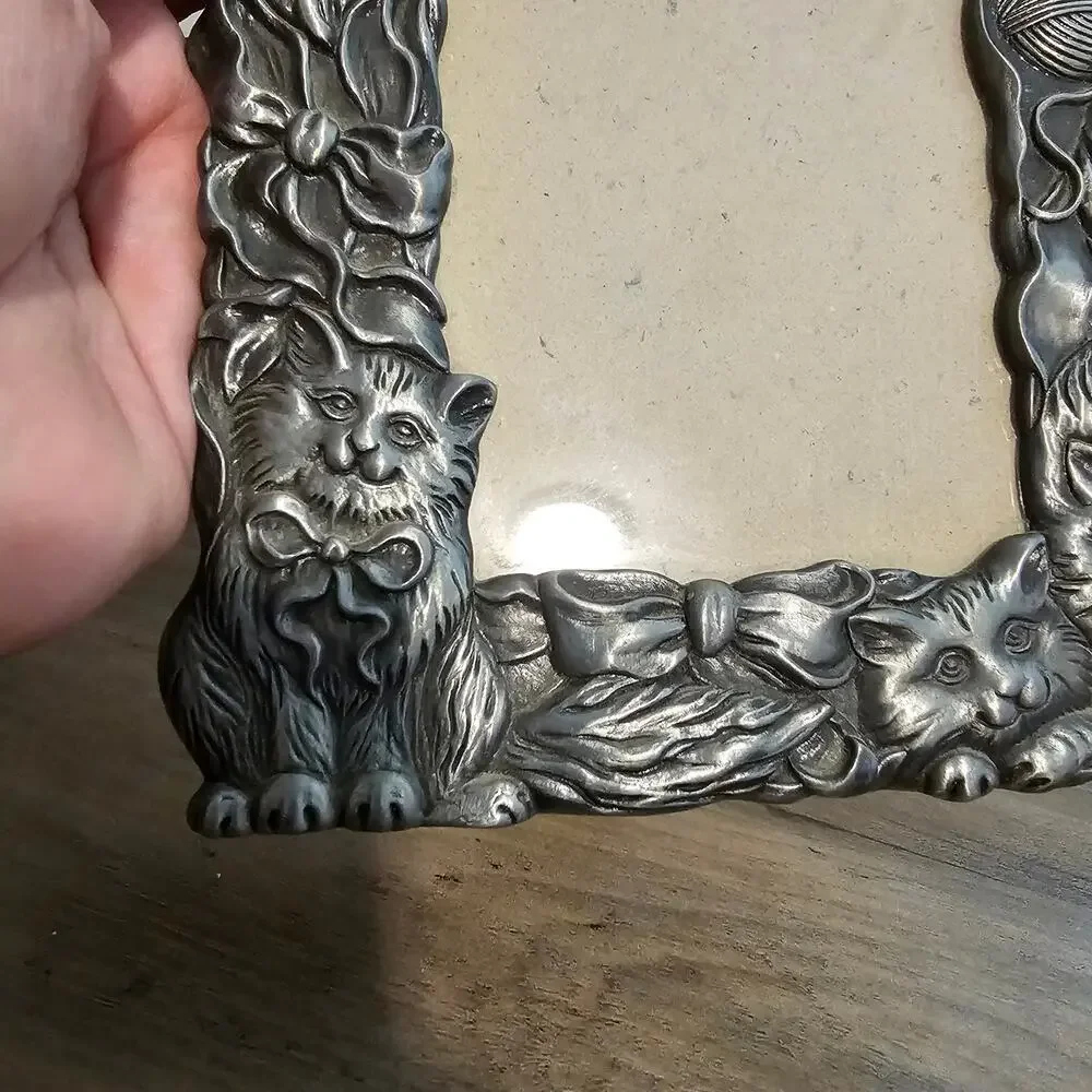 Vintage Pewter Cat Picture Frame MCM Classic Collectible Kitty Kittens Retro 80s